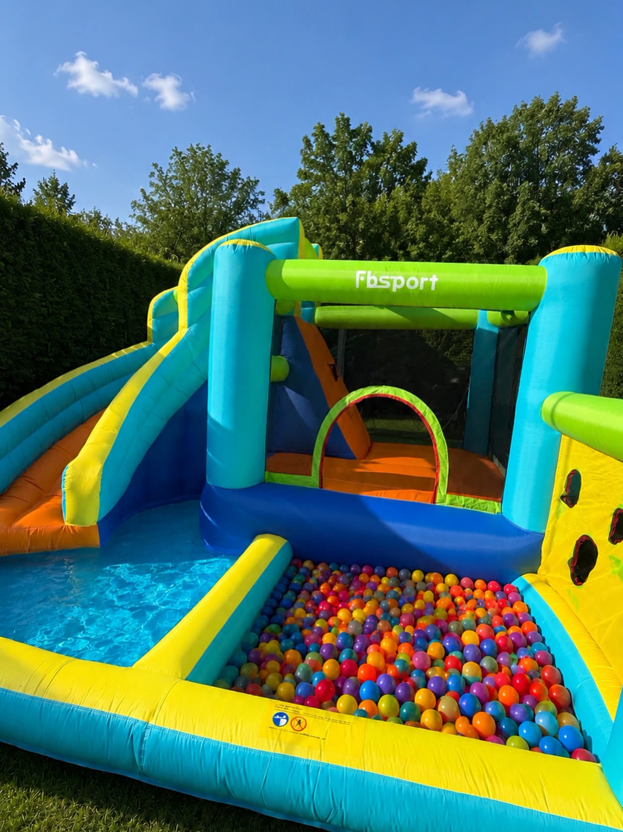 Wasser-Hüpfburg mit Rutsche, Planschbecken und Bällebad im Garten