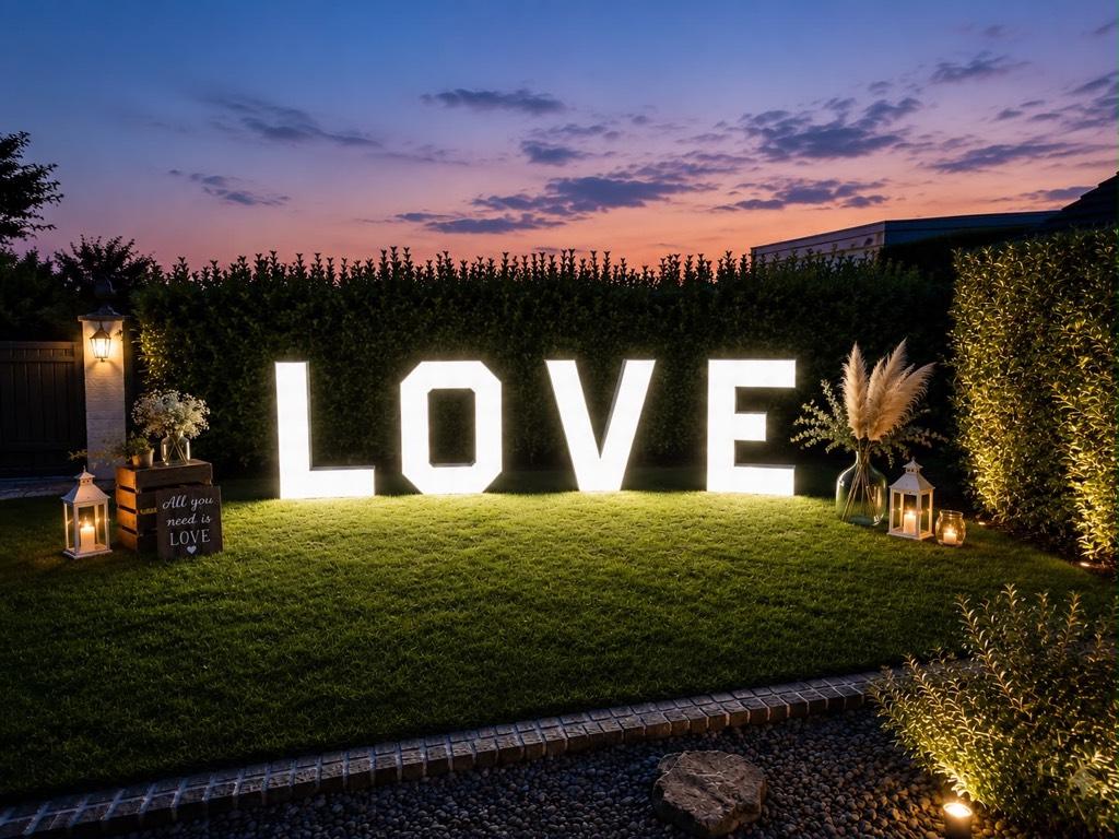 Leuchtende LOVE-Buchstaben im Garten bei Sonnenuntergang