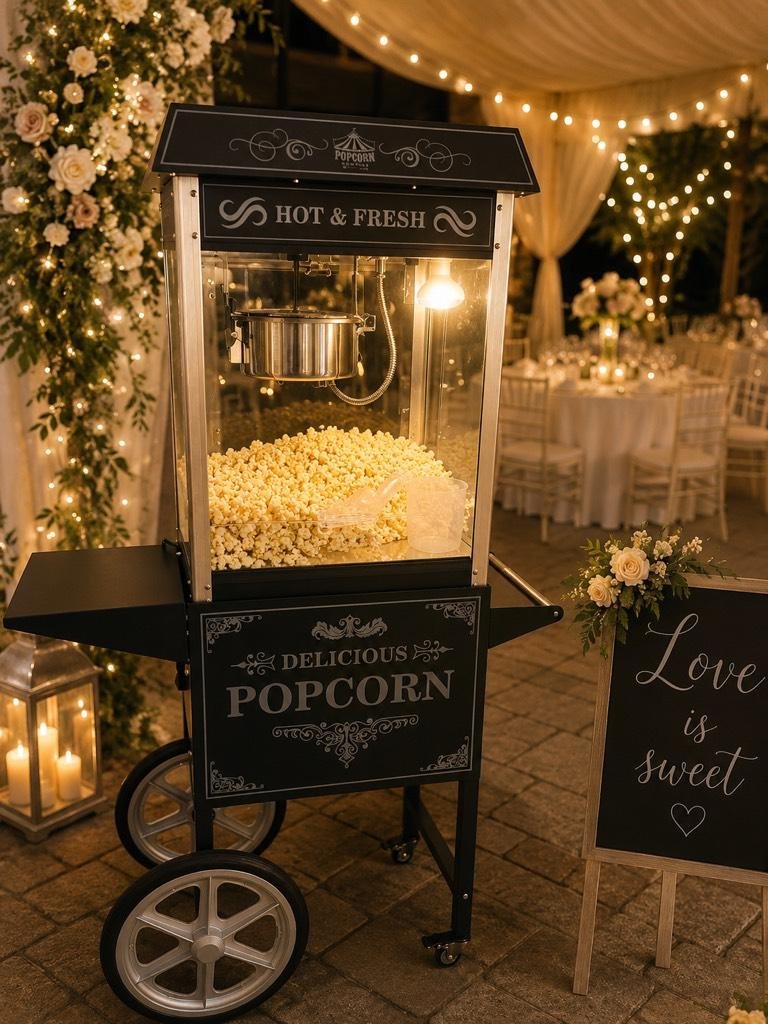 Popcornwagen mit Lichterketten auf einer Abendveranstaltung